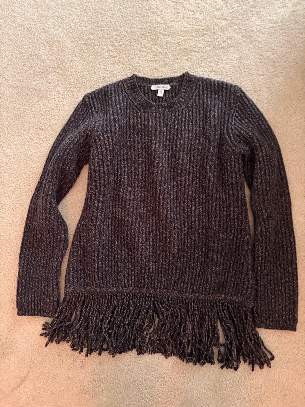 MAX MARA Cozy Ribbed Fringe Hem Sweater - Dark Blue/Tan